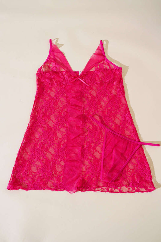 Nuisette fantaisie fuchsia à volants et dentelle sur le devant