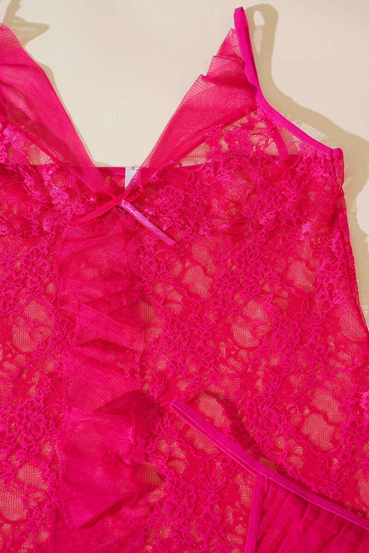 Nuisette fantaisie fuchsia à volants et dentelle sur le devant