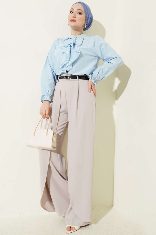 Blue Short Shirt with Ruffled Lace Front