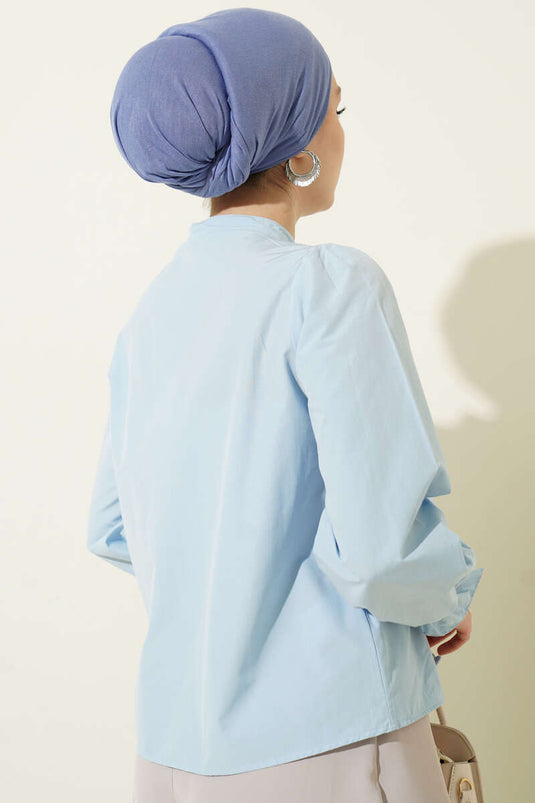 Blue Short Shirt with Ruffled Lace Front