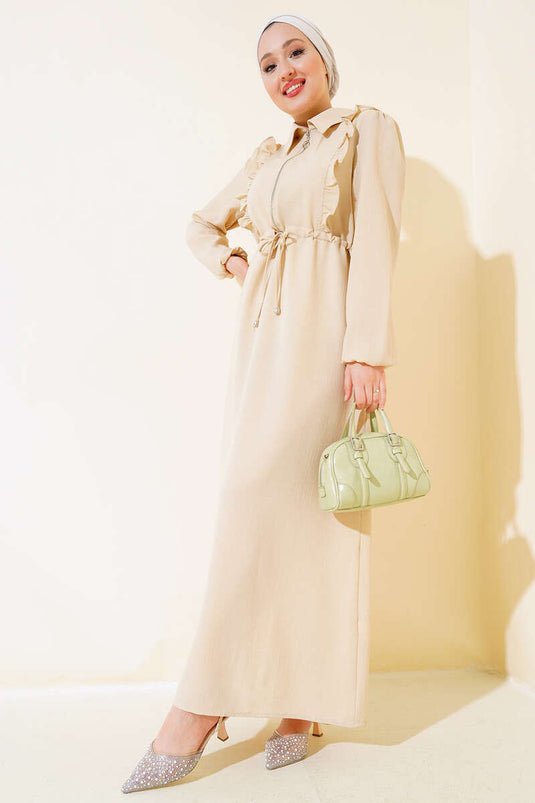 Kleid mit Rüschen und Reißverschluss vorne Beige