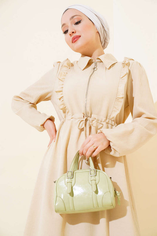 Kleid mit Rüschen und Reißverschluss vorne Beige