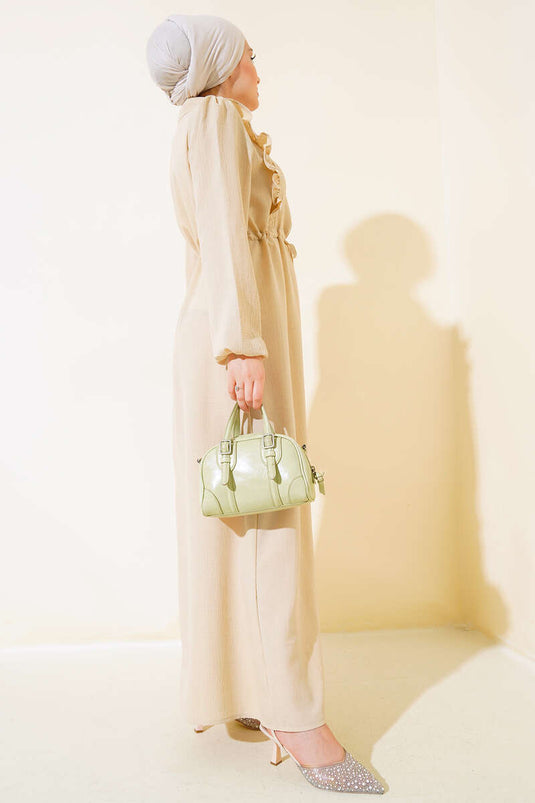 Kleid mit Rüschen und Reißverschluss vorne Beige