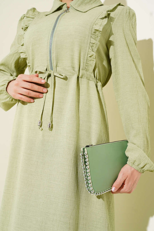 فستان مكشكش بسحاب أمامي باللون الأخضر اللوزي