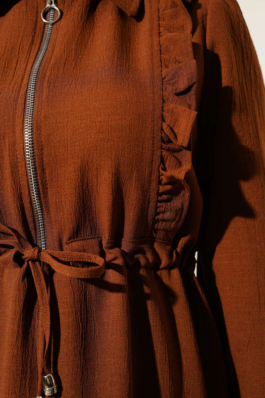 Ruffle Front Zippered Dress Brown