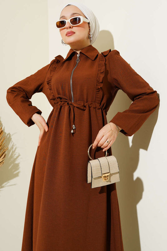 Ruffle Front Zippered Dress Brown