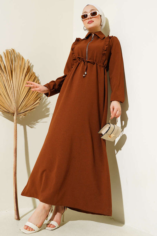 Ruffle Front Zippered Dress Brown