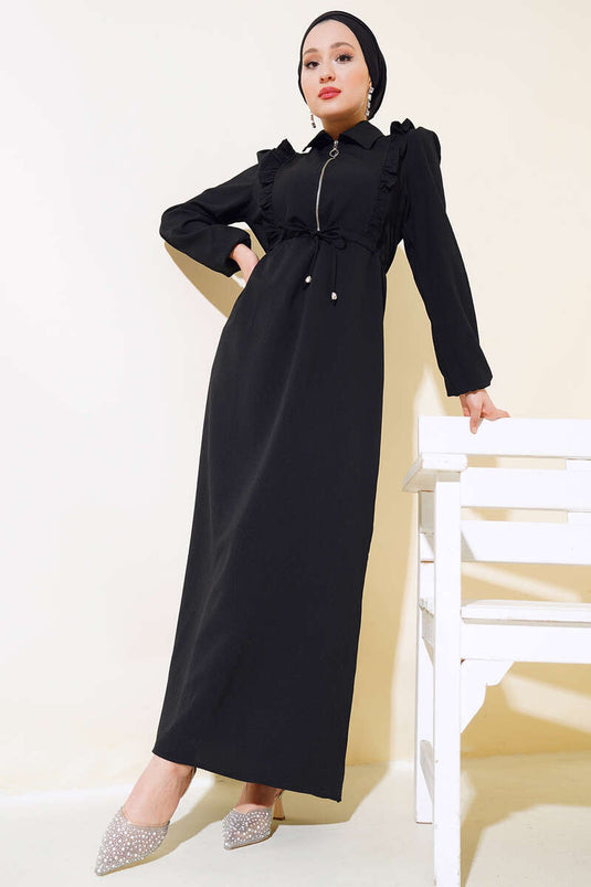 Ruffled Zippered Dress Black