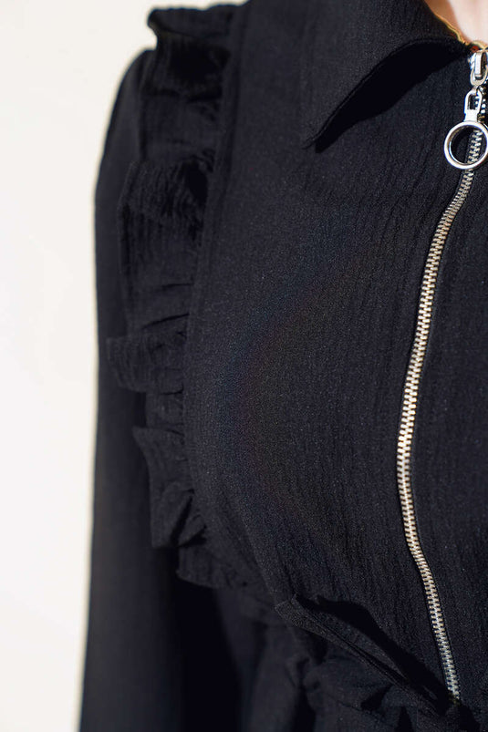 Ruffled Zippered Dress Black