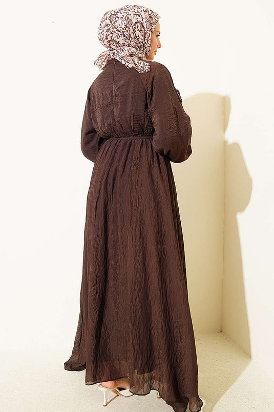 Front Ruffled Dress with Rope Belt Dark Brown