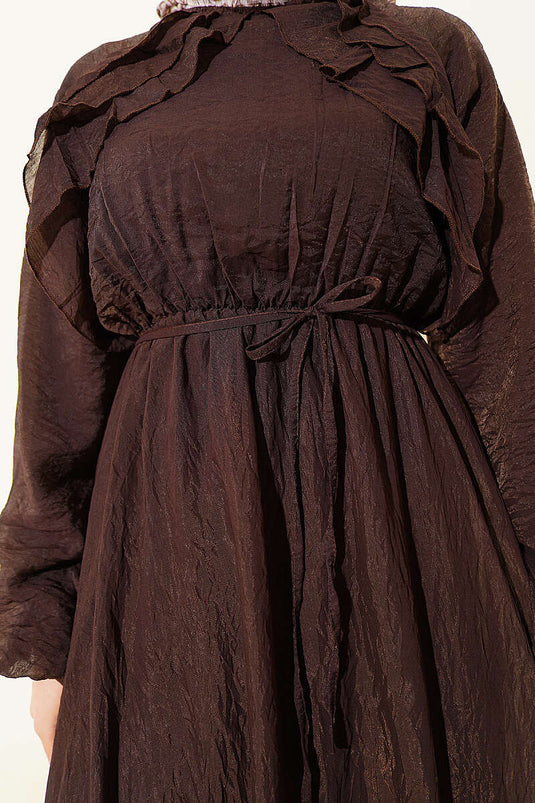Front Ruffled Dress with Rope Belt Dark Brown