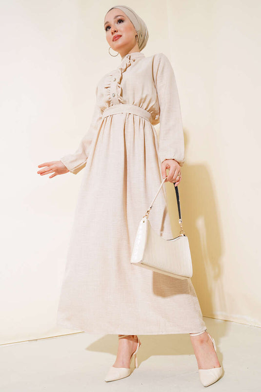 فستان كتان أمامي مكشكش باللون البيج