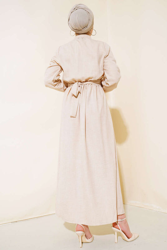 فستان كتان أمامي مكشكش باللون البيج