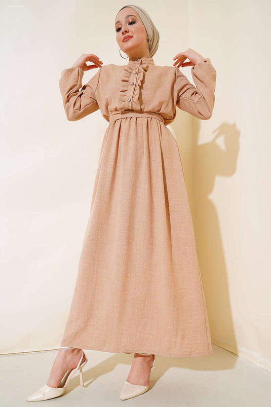 فستان كتان أمامي مكشكش جملي