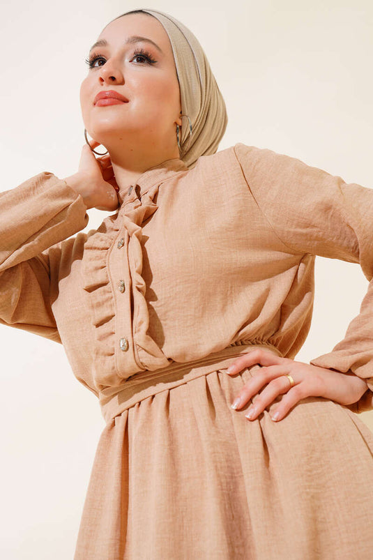 فستان كتان أمامي مكشكش جملي