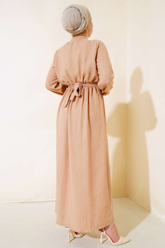 فستان كتان أمامي مكشكش جملي