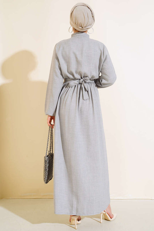 فستان كتان أمامي مكشكش باللون الرمادي