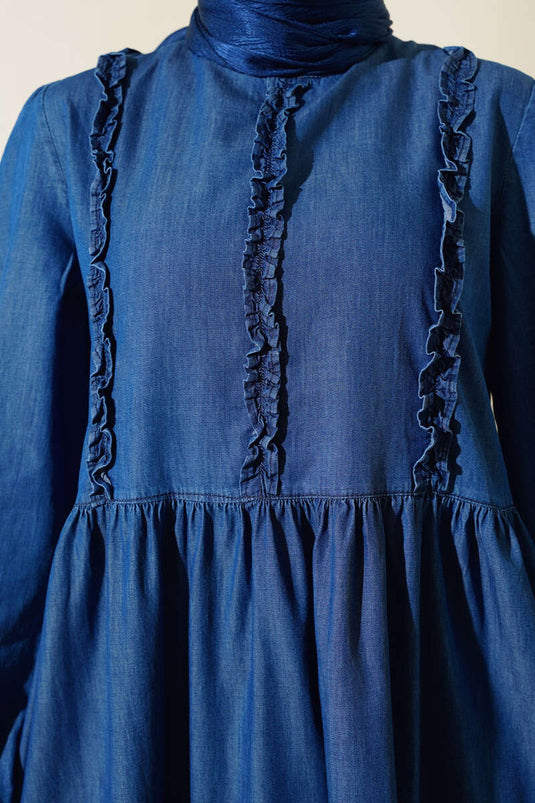 Önü Fırfırlı Kot Elbise Kot