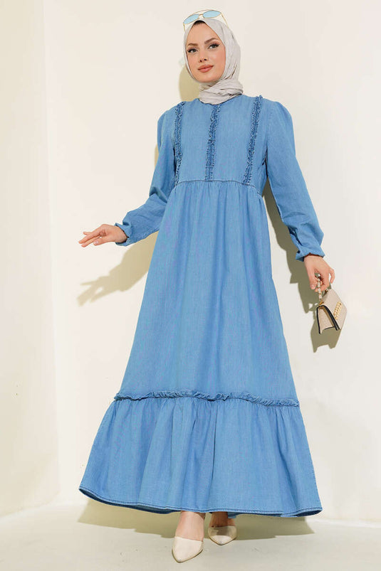 Frilled Denim Dress Denim Blue