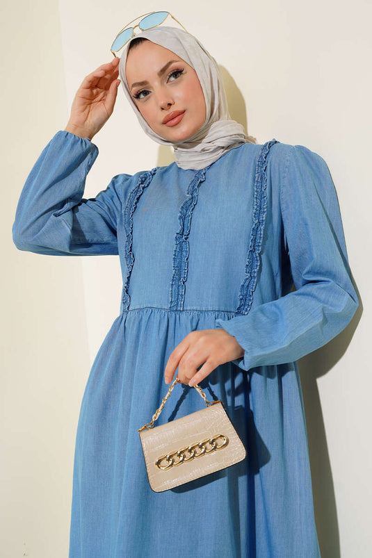 Frilled Denim Dress Denim Blue