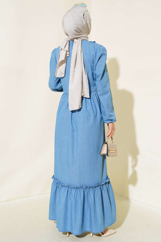 Frilled Denim Dress Denim Blue