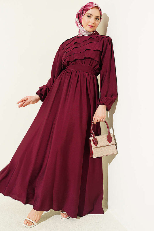 Front Ruffled Belted Dress Burgundy