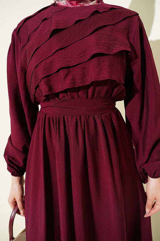 Front Ruffled Belted Dress Burgundy