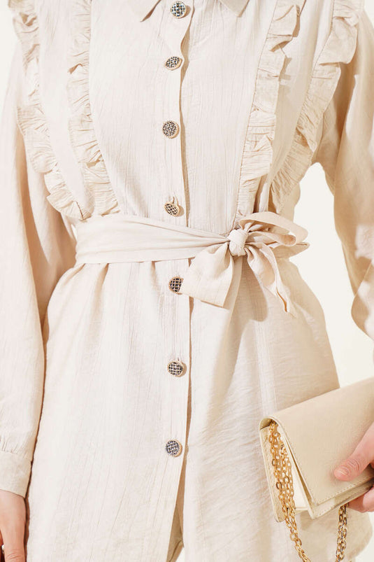 Beige Two-Piece Set with Ruffled Belt