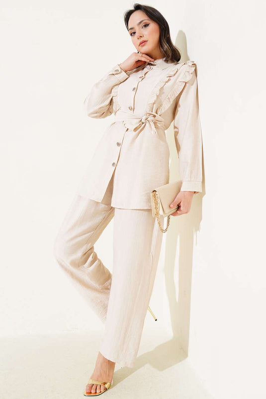 Beige Two-Piece Set with Ruffled Belt