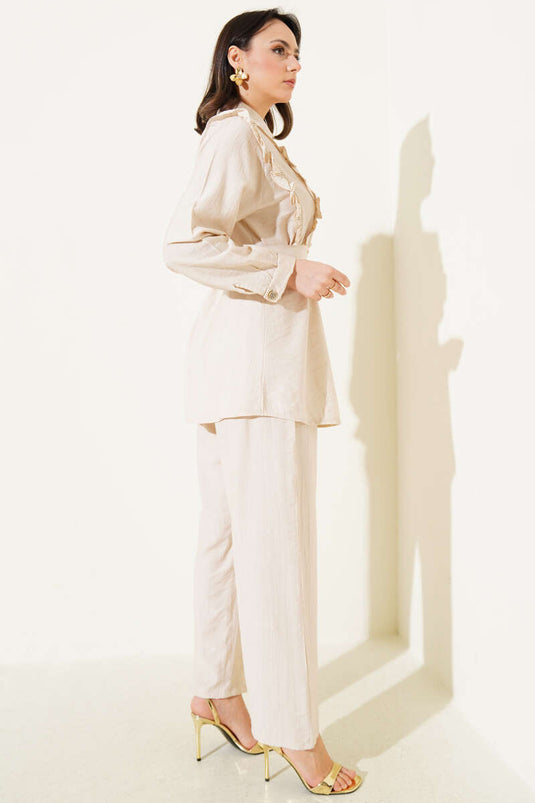 Beige Two-Piece Set with Ruffled Belt