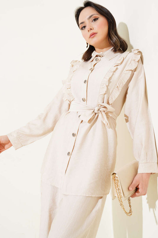 Beige Two-Piece Set with Ruffled Belt