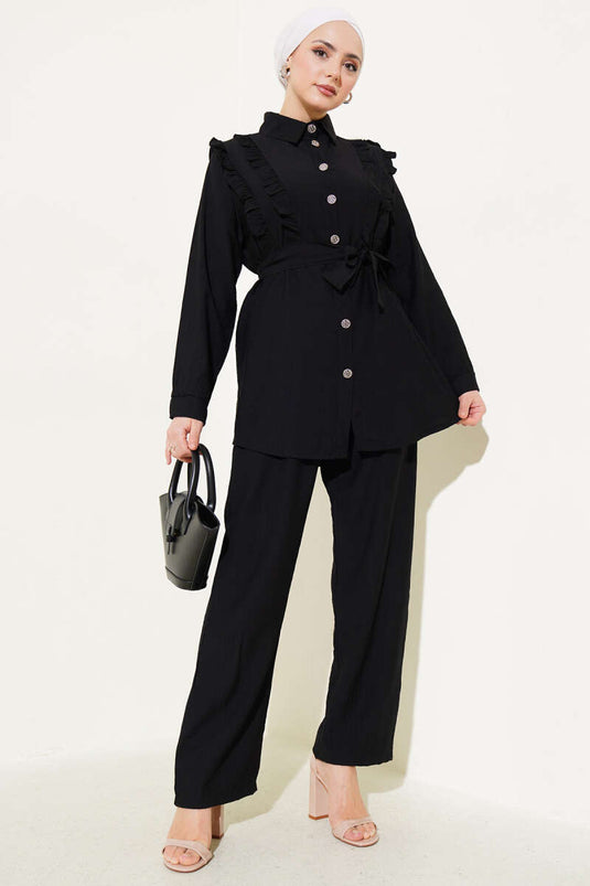 Önü Fırfırlı Kuşaklı İkili Takım Siyah