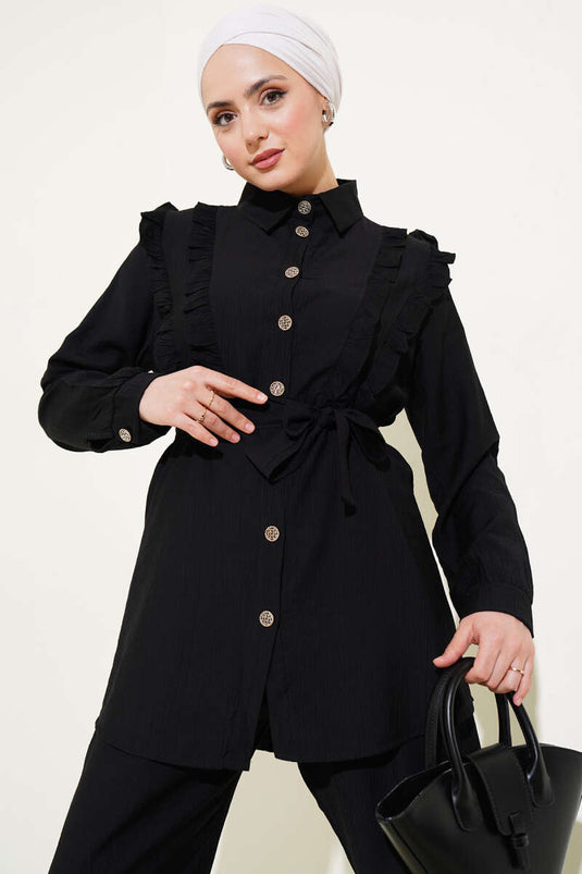 Önü Fırfırlı Kuşaklı İkili Takım Siyah