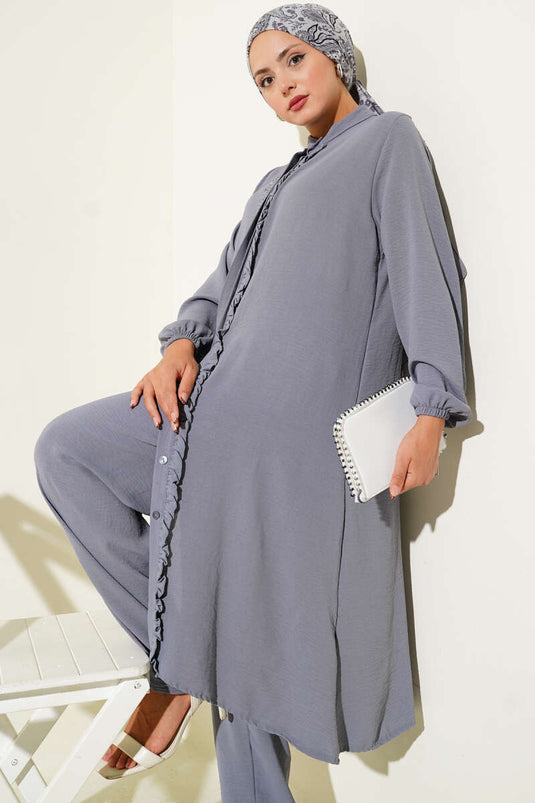 Ruffle Front Stone Detailed Two Piece Suit Gray