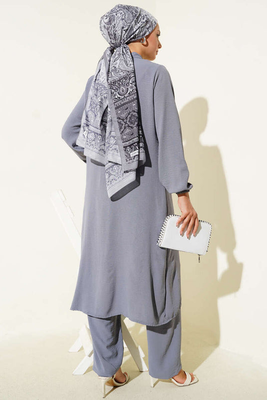 Ruffle Front Stone Detailed Two Piece Suit Gray