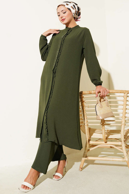 Önü Fırfırlı Taş Detaylı İkili Takım Haki