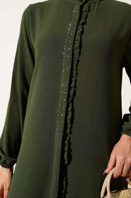 Önü Fırfırlı Taş Detaylı İkili Takım Haki