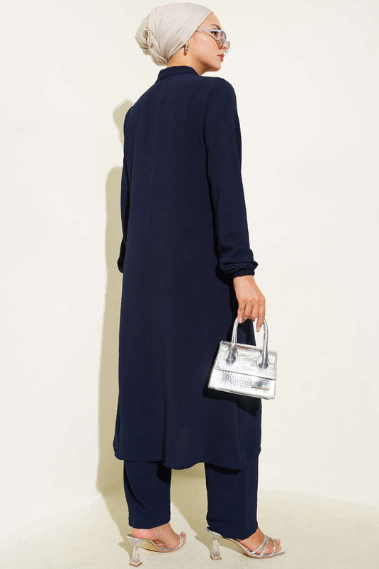 Önü Fırfırlı Taş Detaylı İkili Takım Lacivert