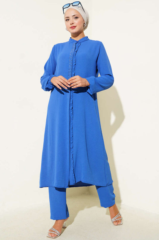 Önü Fırfırlı Taş Detaylı İkili Takım Saks