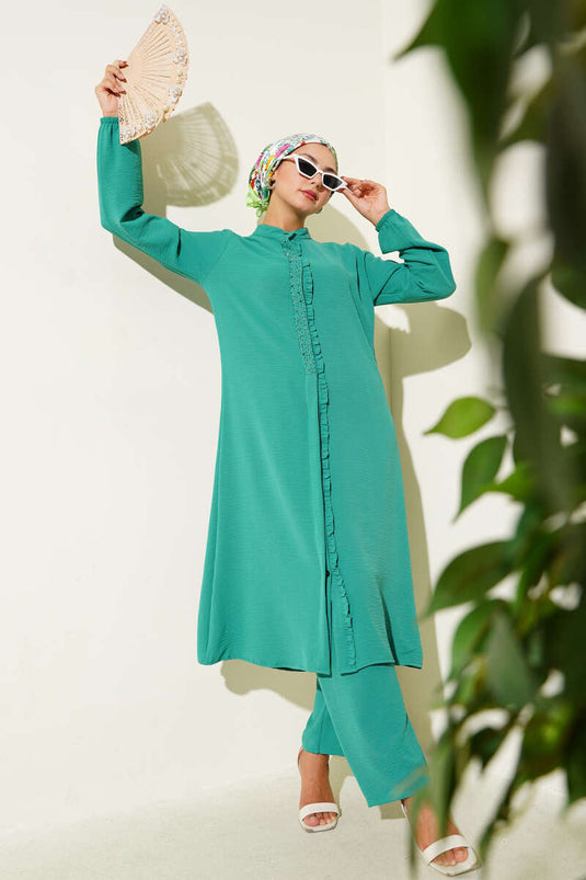 Two Piece Set Green with Ruffled Front and Stone Detail