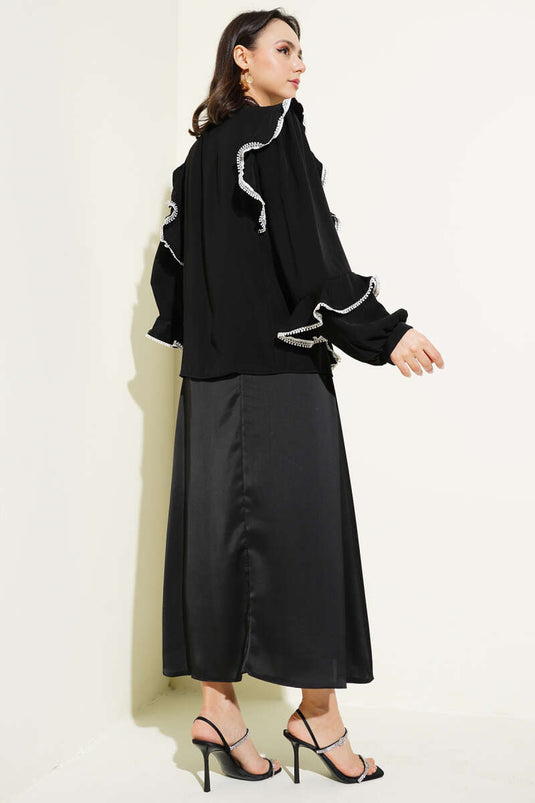 Black V-Neck Blouse with Ruffle Front