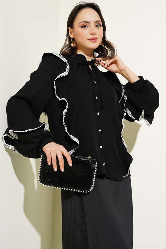 Black V-Neck Blouse with Ruffle Front
