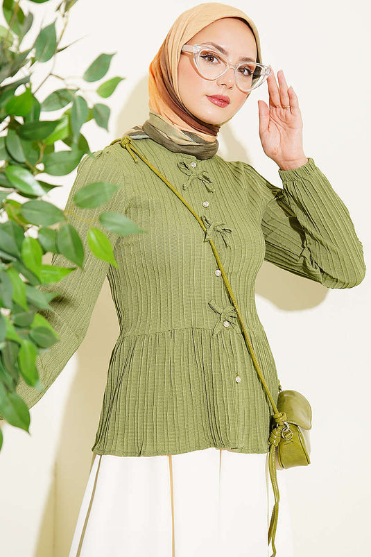 Haki Voorkant Strik En Knopen Blouse