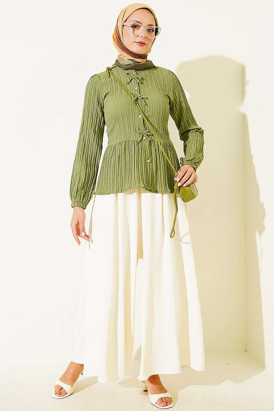 Haki Voorkant Strik En Knopen Blouse