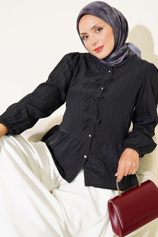 Chemise Noire À Nœud Devant