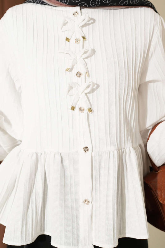 Camicia corta con volant e fiocco davanti, color ecru