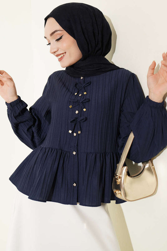 Camicia corta con volant e fiocco sul davanti blu scuro