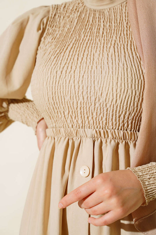 Beige Dress with a V-Neck