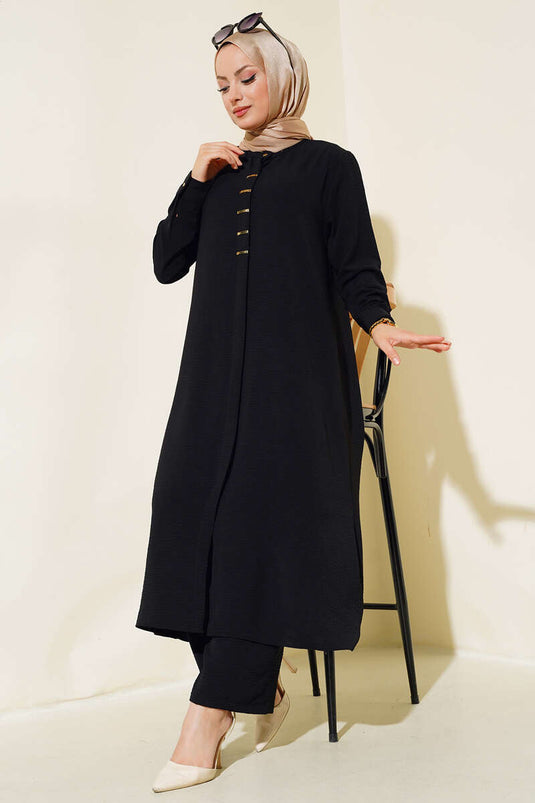 Front Hidden Buttoned Two-Piece Set Black