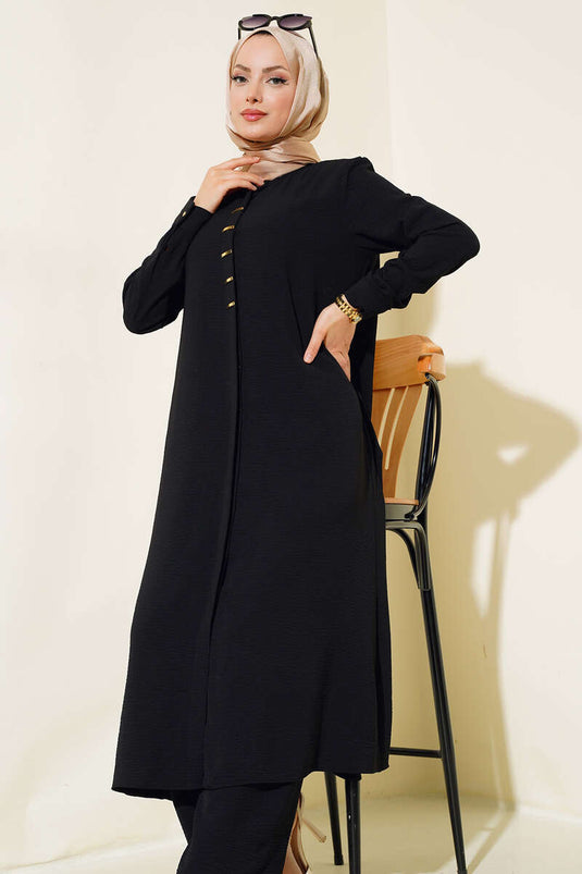 Front Hidden Buttoned Two-Piece Set Black